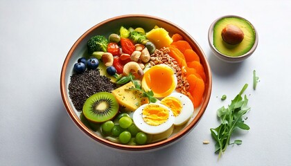 Healthy food in a bowl on a white background. Breakfast with morning sunlight. Healthy concept.