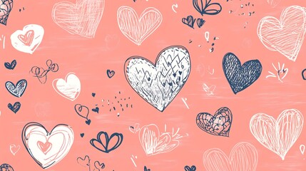 Playful Hand-Drawn Heart Patterns on Coral Background for Romantic Designs