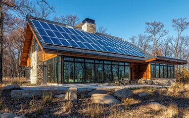 Obraz premium A modern house with solar panels glowing brightly under clear skies and direct sunlight, with shadows of nearby trees