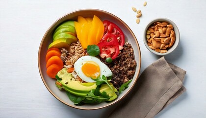 Healthy food in a bowl on a white background. Breakfast with morning sunlight. Healthy concept.