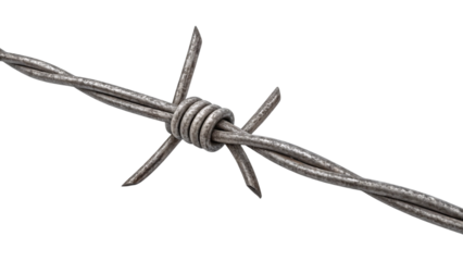 A close-up of gray metallic barbed wire, showing coiled and pointed ends symbolizing restriction or security, with a rugged and weathered texture, isolated on a transparent background