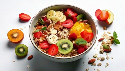 Healthy food in a bowl on a white background. Breakfast with morning sunlight. Healthy concept.