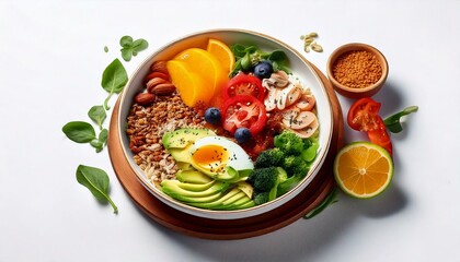 Healthy food in a bowl on a white background. Breakfast with morning sunlight. Healthy concept.