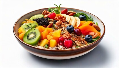 Healthy food in a bowl on a white background. Breakfast with morning sunlight. Healthy concept.