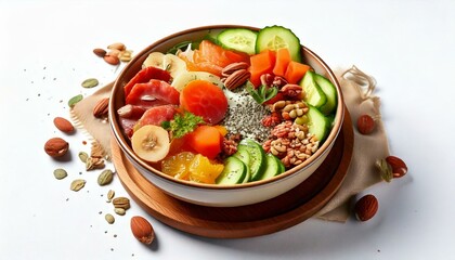 Healthy food in a bowl on a white background. Breakfast with morning sunlight. Healthy concept.