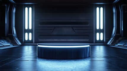 close up of empty round cylinder pedestal display or podium platform with future spaceship interior background	