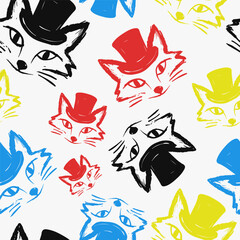 Seamless vector pattern with cute draw fox. Simple doodle style. Colorful animal wallpapers	
