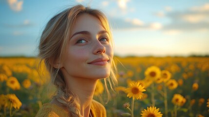 Naklejka premium Freckled blonde in sunflower field, sunset.