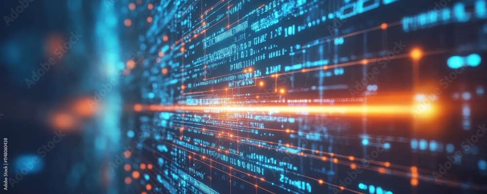 Poster data analytics or data science concept. binary code on dark blue background. cybersecurity and prote