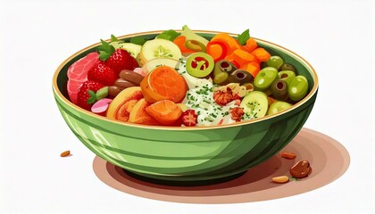 Healthy food in a bowl on a white background. Breakfast with morning sunlight. Healthy concept.