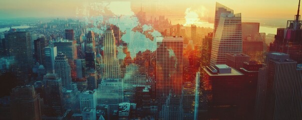 Multi-exposure of abstract digital world map hologram overlaying New York City skyscrapers, representing global research and analytics concepts