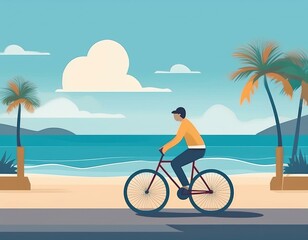 Fototapeta premium 海岸の道路を自転車で走っている人