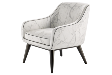 A luxurious armchair with a marble-patterned upholstery, curved edges, and dark wooden legs, blending modern aesthetics with timeless sophistication, isolated on a transparent background