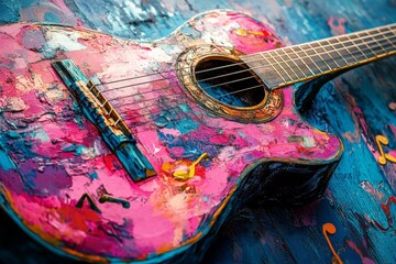 Colorful acoustic guitar with vibrant paint splatters resting on a similarly decorated surface, celebrating music and art