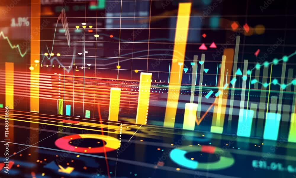 Poster abstract financial chart with uptrend line graph, bar and stock numbers in double exposure