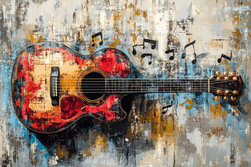 Painting of an old, colorful acoustic guitar with musical notes floating around it, evoking a sense of musicality and creativity