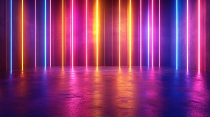 Vibrant Neon Lights in a Dark Room Creating a Futuristic Atmosphere with Colorful Beams and Reflections on a Glossy Floor Ideal for Dynamic Backgrounds