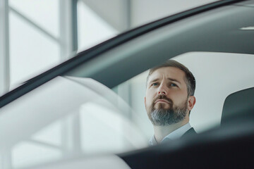 confident bearded man exploring new car interior, showroom setting