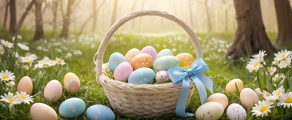 Easter Eggs in Decorated Basket with Spring Flowers, Easter Day, AI Generative
