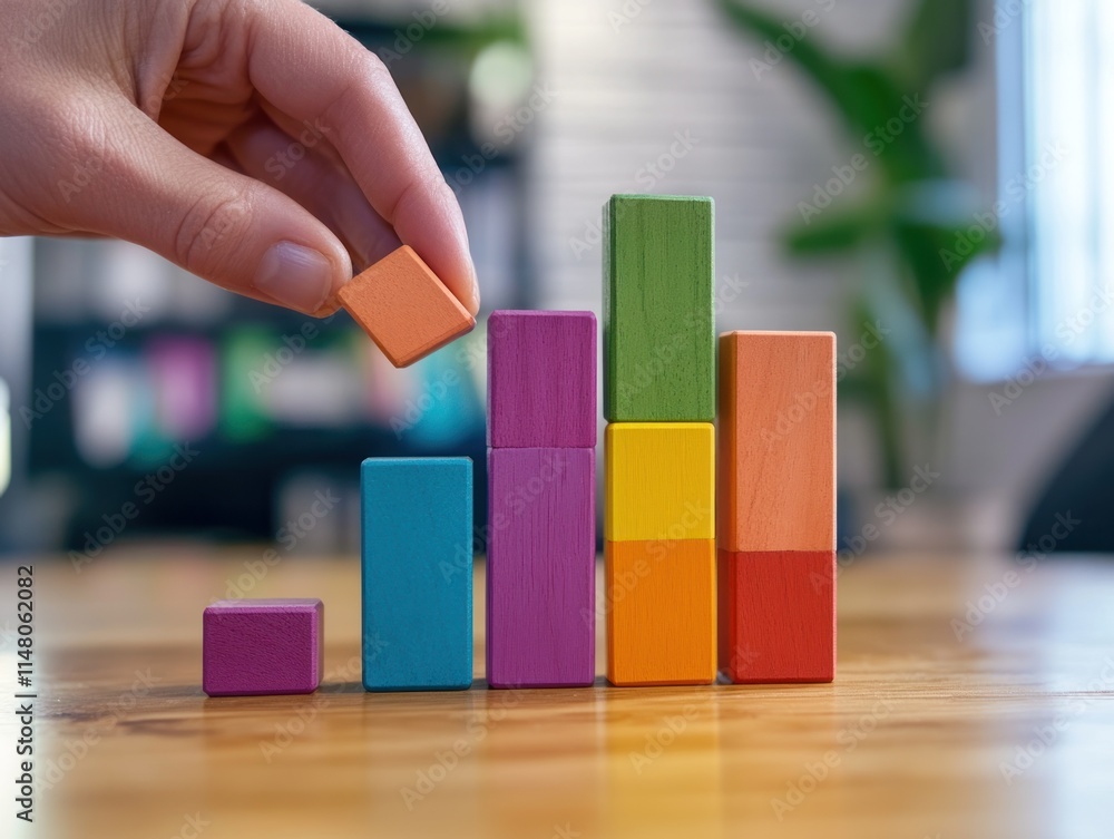 Aufkleber hand stacks colorful wooden blocks into bar graph on table.