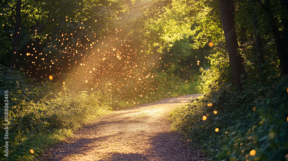 Poster magical light filtering through trees on a forest path during golden hour.