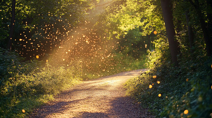 Obraz premium Magical light filtering through trees on a forest path during golden hour. 