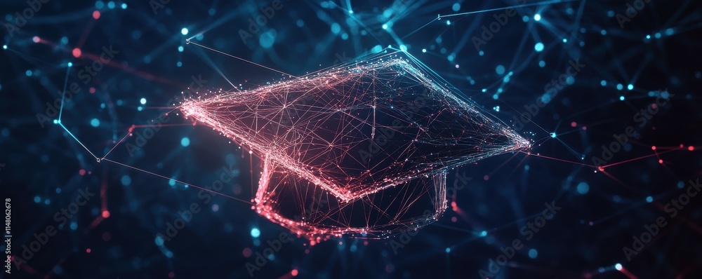 Poster abstract digital art of an open graduation cap made from glowing lines and dots, floating above a ne