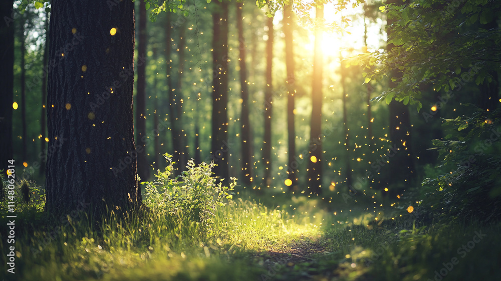Poster sunlight filters through trees in a serene forest during golden hour.
