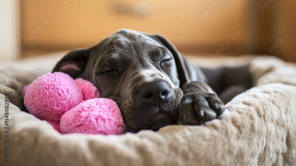 Wall mural Sleeping grey puppy in a dog bed with a pink toy.