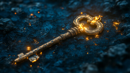 Glowing antique key on dark textured surface