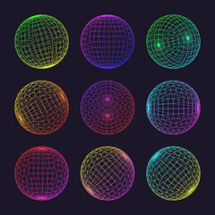 Neon wireframe shapes, lined sphere. Perspective mesh, 3d grid. Low poly geometric elements. Retro futuristic design elements, y2k, vaporwave and synthwave style. Vector illustration