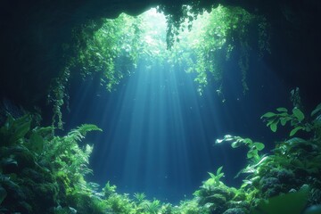 Fototapeta premium Serene View of Lush Green Foliage and Sunlight Streaming through the Ceiling of a Dark Cave into an Enchanting Underground Paradise