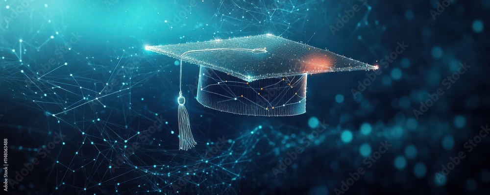 Poster abstract digital art of an open graduation cap made from glowing lines and dots, floating above a ne