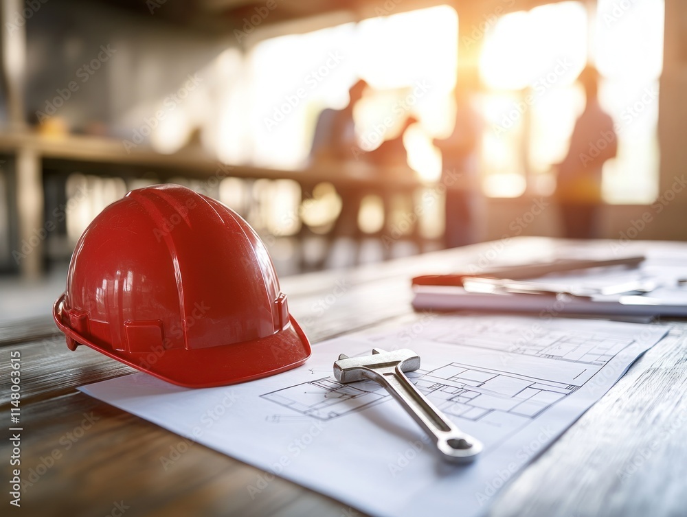 Poster Red hardhat and tools on blueprints with people in background.