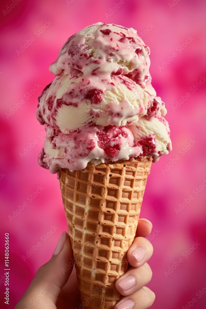 Poster hand holds waffle cone with scoops of raspberry swirl ice cream.