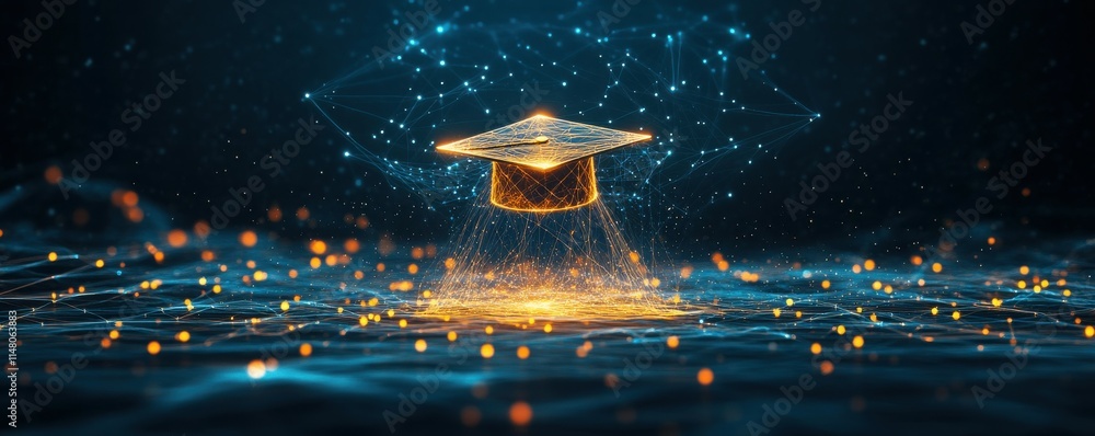 Poster abstract digital art of an open graduation cap made from glowing lines and dots, floating above a ne
