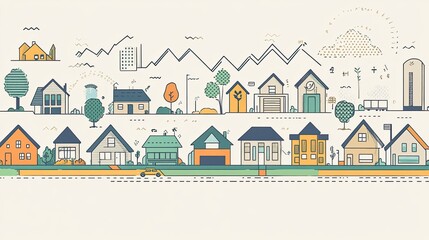 Illustrated suburban neighborhood scene with houses, trees, cars, and buildings.