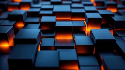 Obraz premium Abstract digital background featuring illuminated cubes arranged in a three-dimensional grid, creating a futuristic and modern visual effect with glowing edges in dark tones.