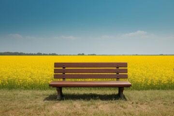 Fototapeta premium there is a wooden bench in front of a field of yellow flowers