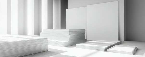 Obraz premium Stacks of white paper in a minimalist setting are perfect for mockups
