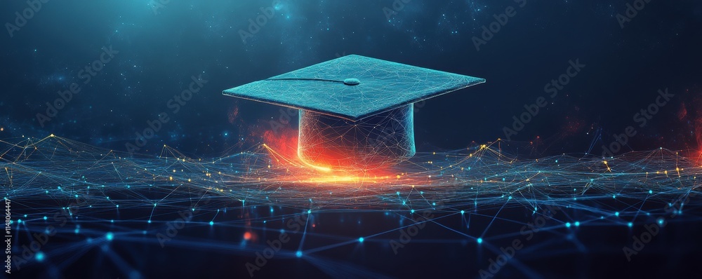 Poster abstract digital art of an open graduation cap made from glowing lines and dots, floating above a ne