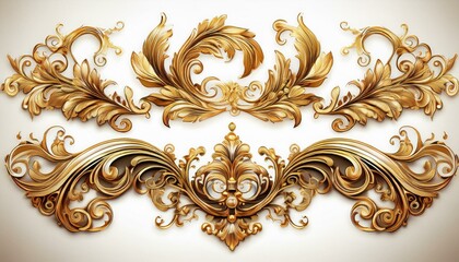 Gold ornament. Set of golden baroque floral ornaments with intricate details, isolated on white background