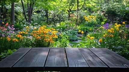 Naklejka premium Vibrant Colorful Flower Garden with Wooden Table in Scenic Outdoor Setting