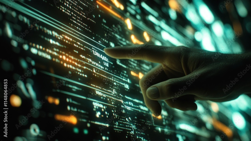 Aufkleber Finger points at glowing digital screen with code and data.