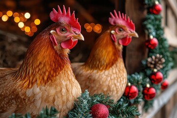Fototapeta premium Two hens nestled in festive Christmas greenery, bokeh lights in background. Perfect for holiday cards, farm themes.