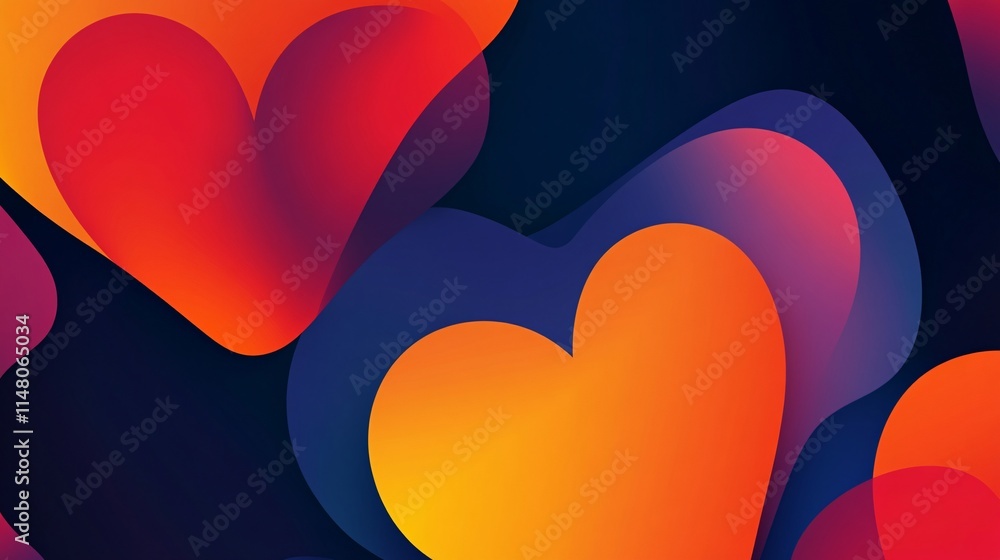 Poster colorful heart shapes in gradient style on dark background for romantic designs