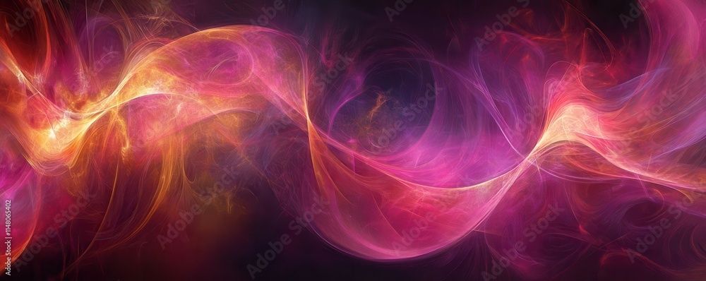 Poster abstract digital art with vibrant colors, featuring flowing patterns of light in shades of pink and 