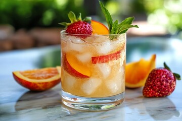 Peach and strawberry cocktail garnished with mint and ice, perfect for a hot summer day