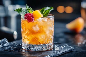 Crystal cocktail glass containing vibrant orange beverage, ice cubes, peach slice, raspberry, and mint, creating a refreshing summer drink