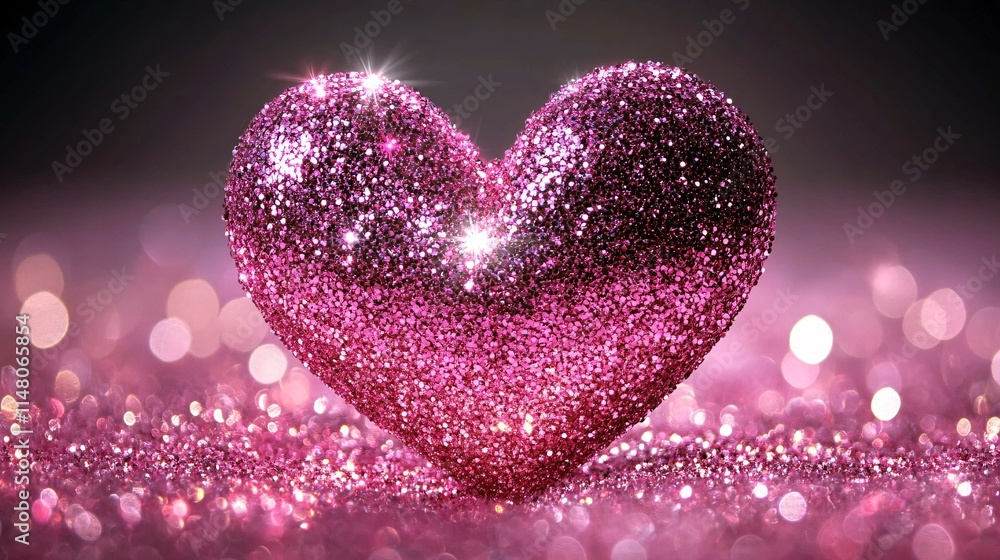 Poster sparkling pink heart shape with glittery texture against a blurred background